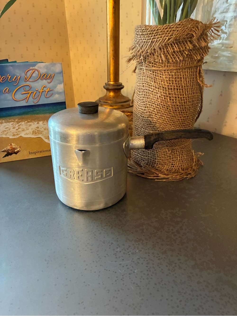 Vintage, SILVER Aluminum GREASE canister with strainer insert. 4.25 BLACK handle